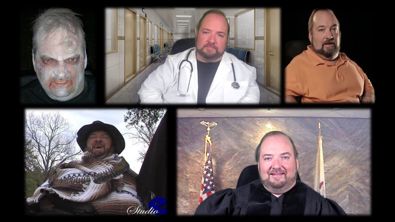 Collage of David as a zombie, doctor, presenter, Jefe from Three Amigos, and a judge
